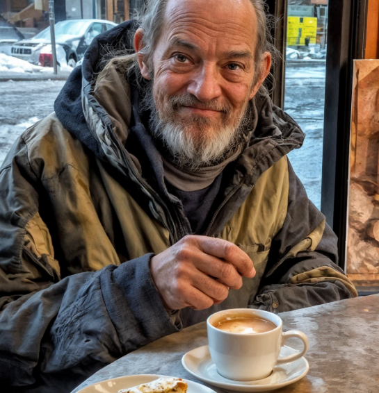 Un senza tetto mi ha chiesto di offrirgli un caffè per il suo compleanno — poche ore dopo, l’ho visto seduto accanto a me in prima classe.