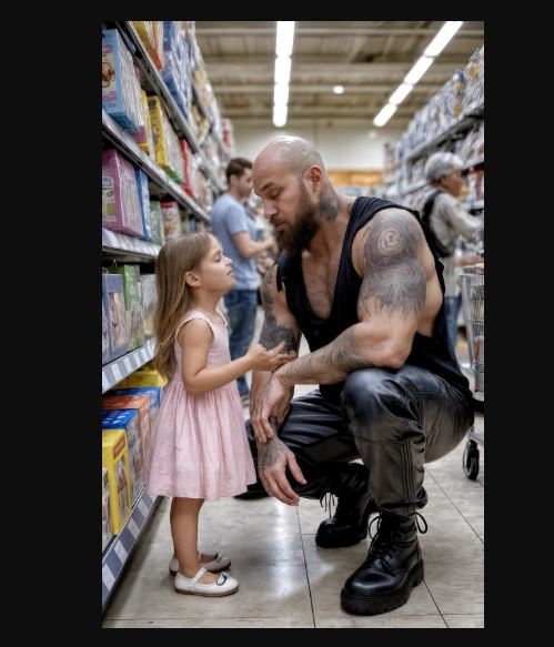 Da Walmart, una bambina di sei anni che non aveva mai detto una parola è scattata all’improvviso e si è aggrappata al collo di un gigantesco biker in giacca di pelle — e nei minuti successivi il supermercato è rimasto pietrificato.