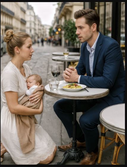 Si inginocchiò in silenzio accanto al tavolino sul marciapiede, stringendo il suo neonato. «La prego, non voglio denaro: mi basta un attimo del suo tempo.»