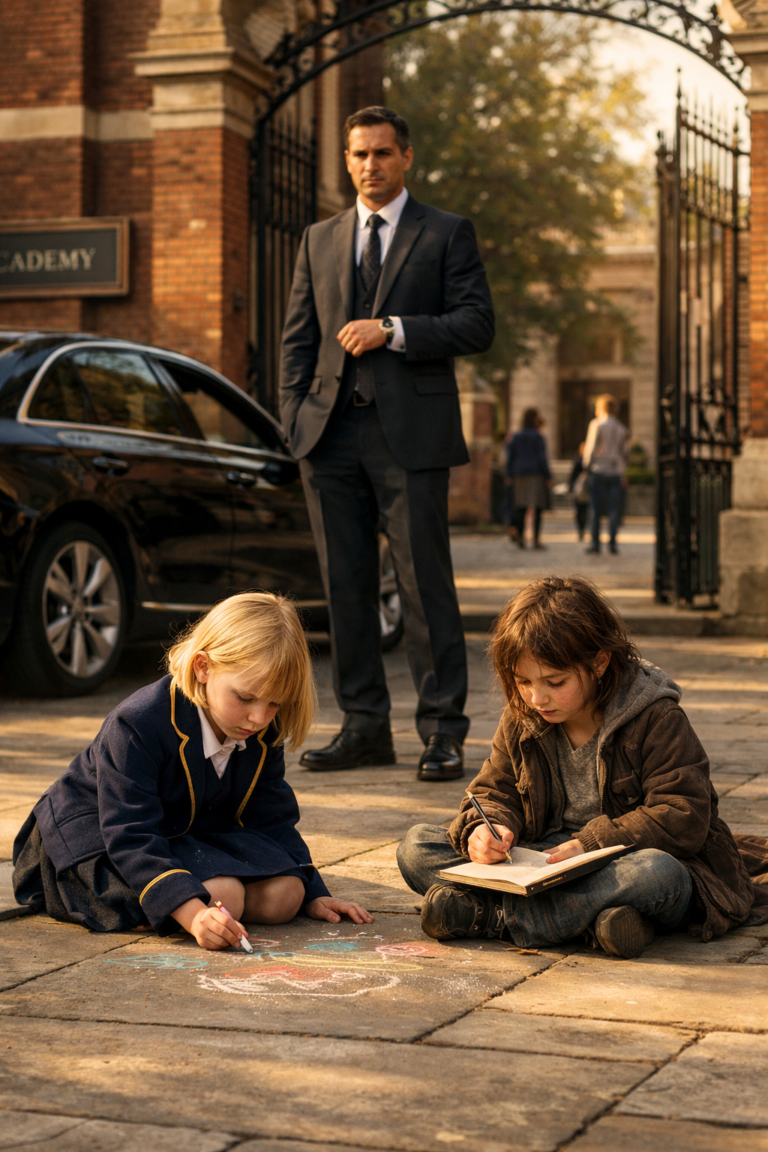 Un miliardario arrivò in anticipo a prendere sua figlia a scuola, solo per vedere una ragazza senzatetto che le insegnava sul marciapiede. Quello che accadde dopo lasciò tutti sbalorditi.