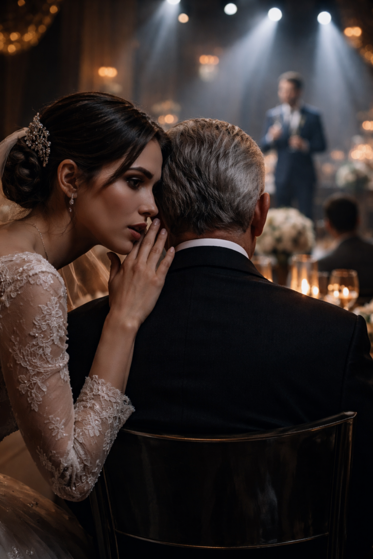 Ero seduto tranquillamente al matrimonio di mio figlio quando mia nuora si avvicinò, il viso pallido, e sussurrò: “papà, dobbiamo andare via subito.” Confuso, chiesi perché — lei tremava, “guarda sotto il tavolo.” Quello che vidi mi lasciò di ghiaccio.