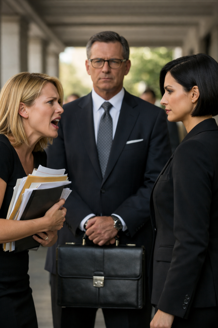 Tense confrontation in a corporate corridor