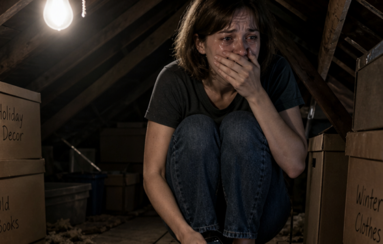 Mia sorella mi ha chiamato a mezzanotte e ha sussurrato: “Spegni tutte le luci. Vai in soffitta. Non dirlo a tuo marito.” Pensavo che stesse impazzendo — finché non ho guardato tra le assi del pavimento….