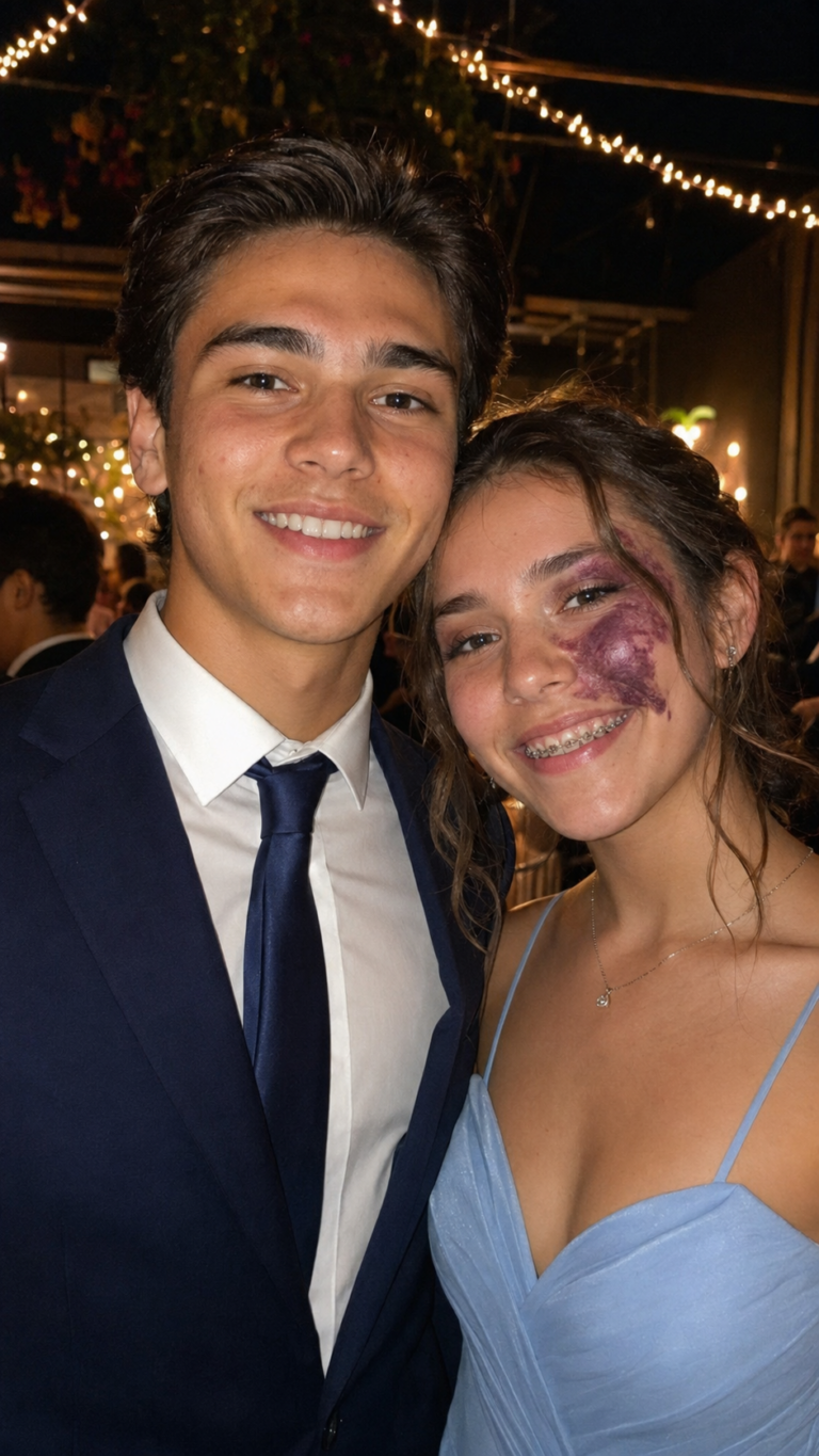 Solo un ragazzo mi ha invitata al ballo di fine anno perché nessun altro voleva andarci con me a causa della voglia sul mio viso — tutti ridevano finché i poliziotti non sono entrati in palestra.