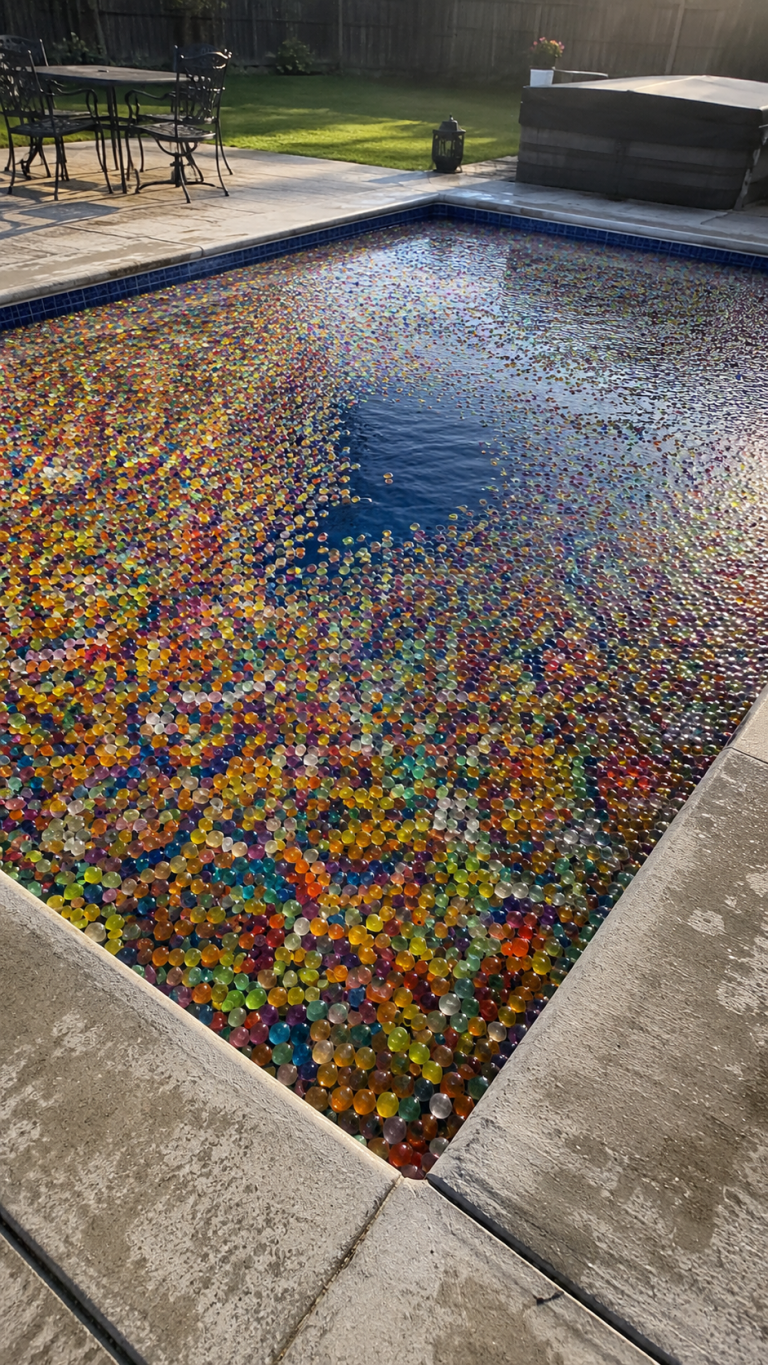 Mi sono svegliata e ho trovato tutta la mia piscina piena di Orbeez – Quando finalmente abbiamo scoperto cosa era nascosto sul fondo, le auto della polizia hanno iniziato ad arrivare a casa nostra nel giro di pochi minuti