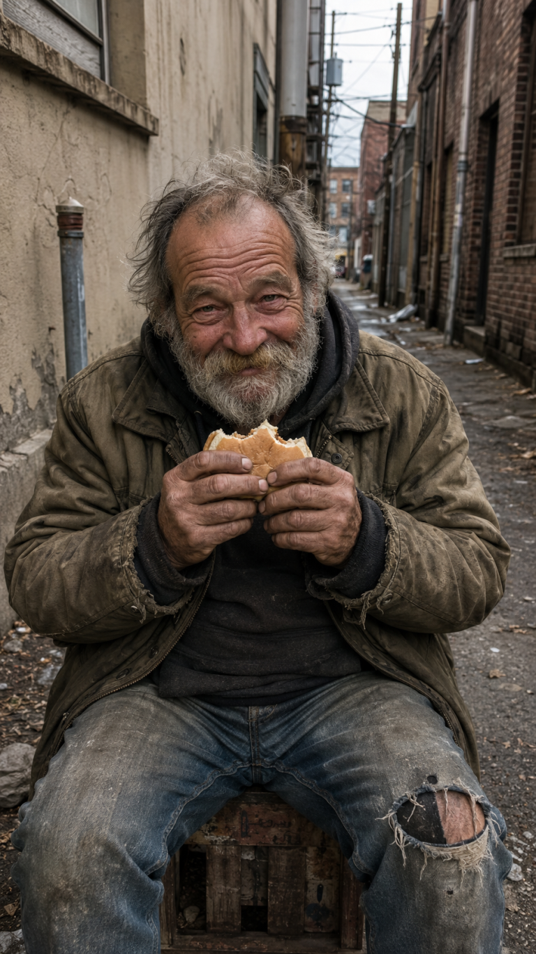 Ho condiviso il mio pranzo con un vecchio vicino ai cassonetti — la mattina dopo, una limousine nera si è fermata accanto alla mia tenda