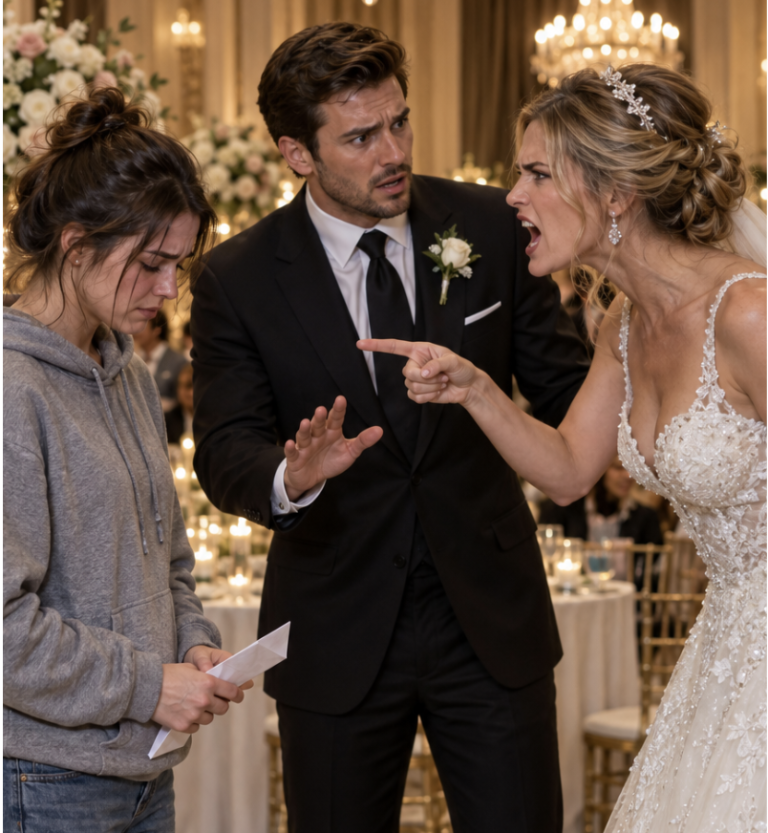 “Cacciate quella stracciona!” urlò la sposa con disgusto. Ma gli invitati si bloccarono scioccati quando la donna delle pulizie si tolse il cappuccio e porse un foglio allo sposo.